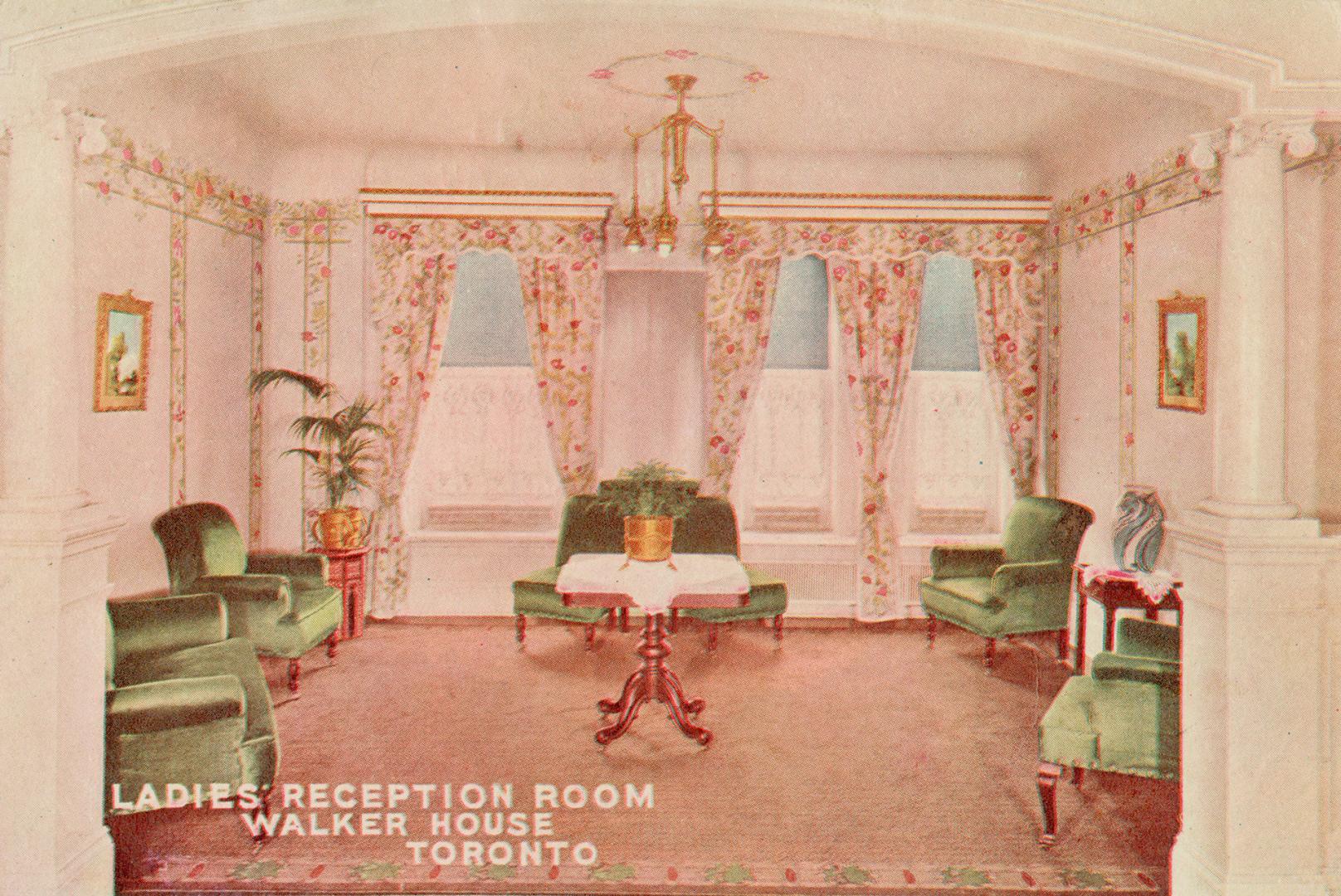 Colour postcard depicting a photo of the Ladies' Reception Room at Walker House Hotel, Toronto