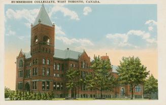 Colorized picture of a large school building with a bell tower.