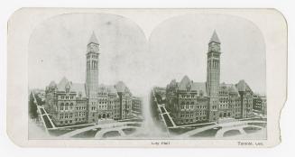 Pictures show a long shot of a large Victorian government building with a clock tower in the ce ...
