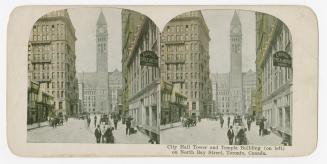 Pictures show a busy city street with a clock tower of an large government building in the back ...