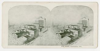 Pictures show an aerial shot/drawing of two city blocks of stores and other buildings.