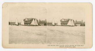 Shows iceboats sailing in Toronto Bay.