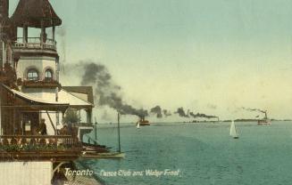 Picture show sail boats on open water with the front of a white, Victorian building at the left ...
