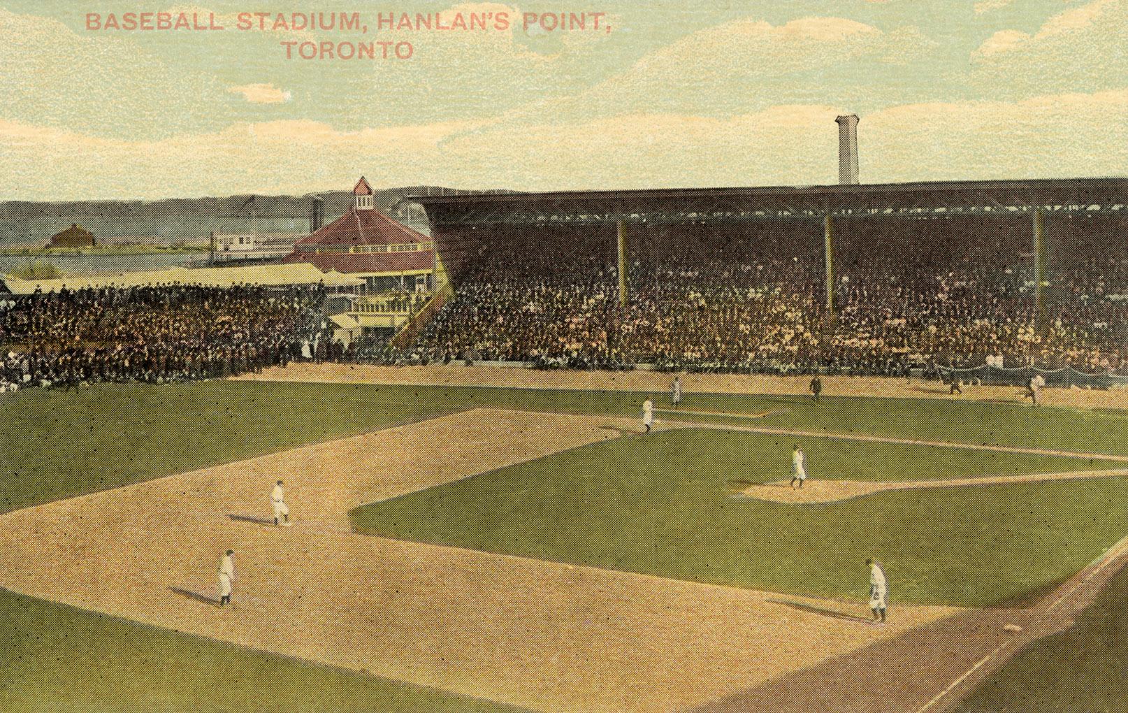 Colour photo postcard of the baseball stadium at Hanlan's Point, viewed from the third base lin ...