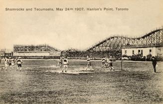 Black and white photo postcard of lacrosse game between the Shamrocks and Tecumsehs, on May 24t ...
