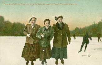 Three girls skating on a frozen pond.
