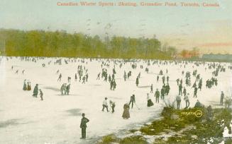 Large crowd of people skating and playing hockey on a frozen pond.
