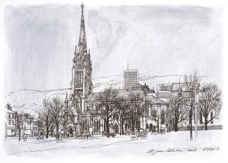 A drawing of a church with trees in front of it.