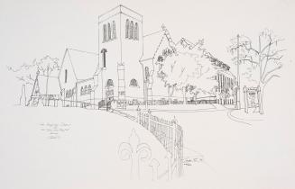 A pen and ink illustration of a church with a fence bordering it.