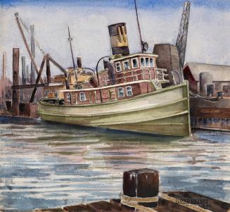 A watercolour over pencil illustration of a tugboat in a harbour.