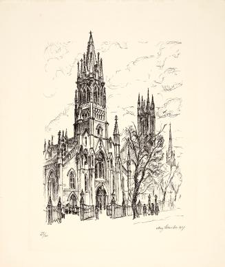 A pen and ink drawing of a church.
