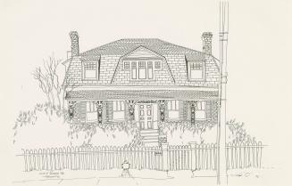 A drawing of a house with a fence in front of it.