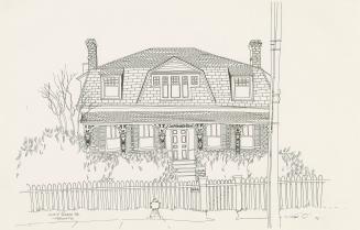 A drawing of a house with a fence in front of it.
