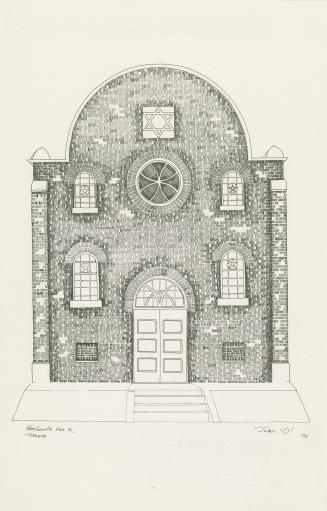 A drawing of a synagogue with steps leading to the front door.