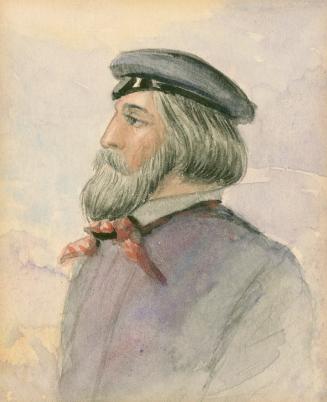 A drawing of a man with a beard wearing a hat.