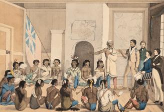 A group of Indigenous and British people meeting in a room with a British flag in the backgroun ...