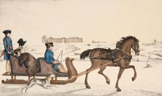 Four people in a sleigh being pulled by a horse, with a fort in the background.