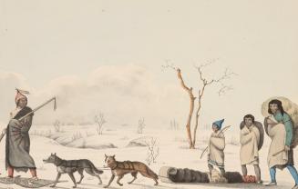 A group of Indigenous people walking through the snow with a sled being pulled by two dogs.