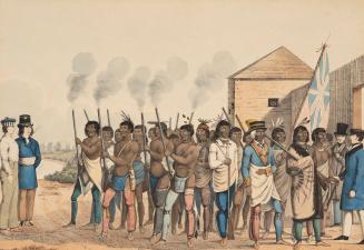 A group of Indigenous people meeting with four white men outside a fort flying a British flag.