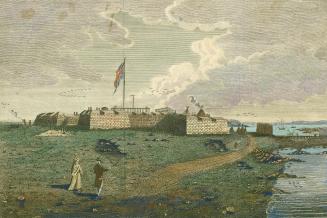 An illustration of two people standing in front of a military fort flying a British flag.
