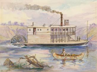 An illustration of a paddle wheel steam boat sailing on a river. A man in a canoe is nearby on  ...