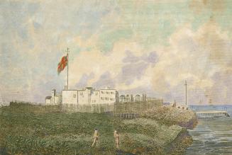 An illustration of a fort beside a river flying a British flag.