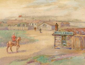 An illustration of a settlement with a number of log cabin buildings, including one with a sign ...