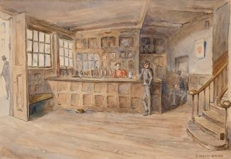 An illustration of the interior of a tavern, with a bartender serving a customer.