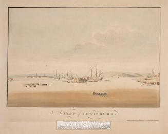 An illustration of a town viewed from the sea, with a number of boats in the foreground.