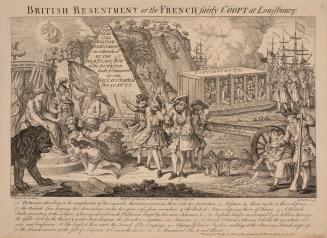 An allegorical illustration depicting a number of people fighting, with a lion in the foregroun ...