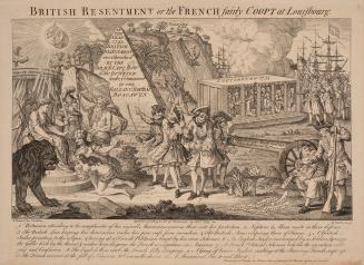 An allegorical illustration depicting a number of people fighting, with a lion in the foregroun…