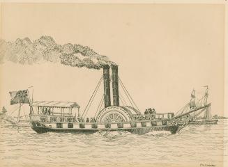 An illustration of a paddleboard steamboat in the water.