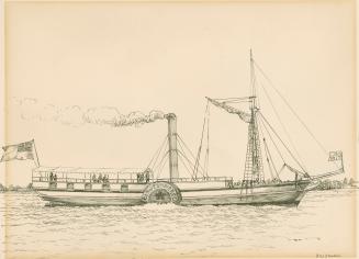 An illustration of a paddleboard steamboat in the water.