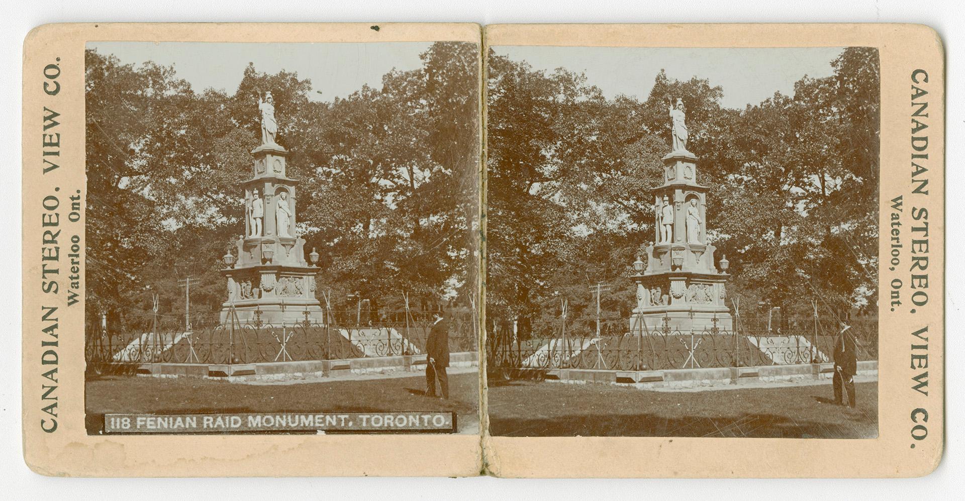Pictures show a man in a top hat looking at a large monument with statues on it.