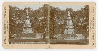 Pictures show a man in a top hat looking at a large monument with statues on it.