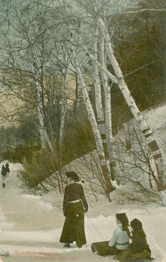 A woman pulling two children on a toboggan on a wintry road.