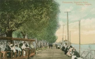 Colour photo postcard of the boardwalk at Hanlan's Point, with people siding on benches at the  ...