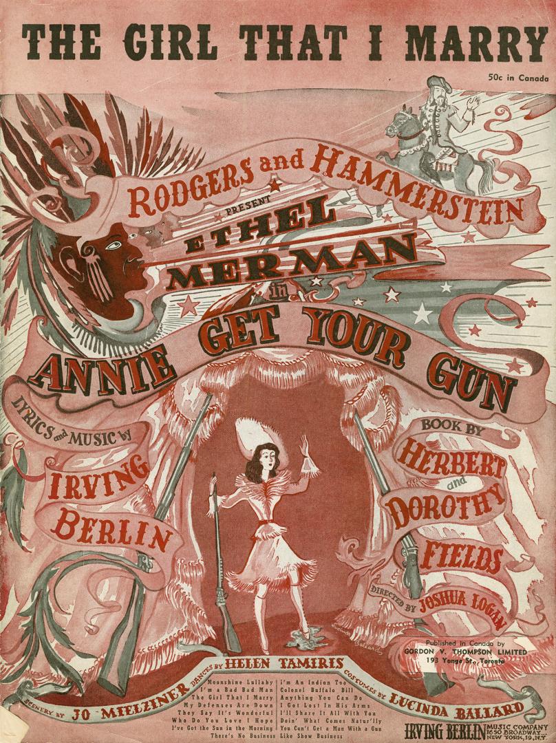 Cover features: title and musical production information; drawing of woman holding a gun, surro ...