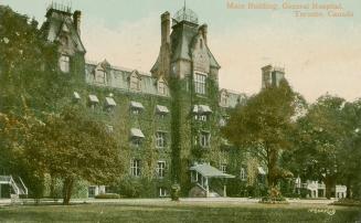 Color photograph of a huge Victorian hospital complex.