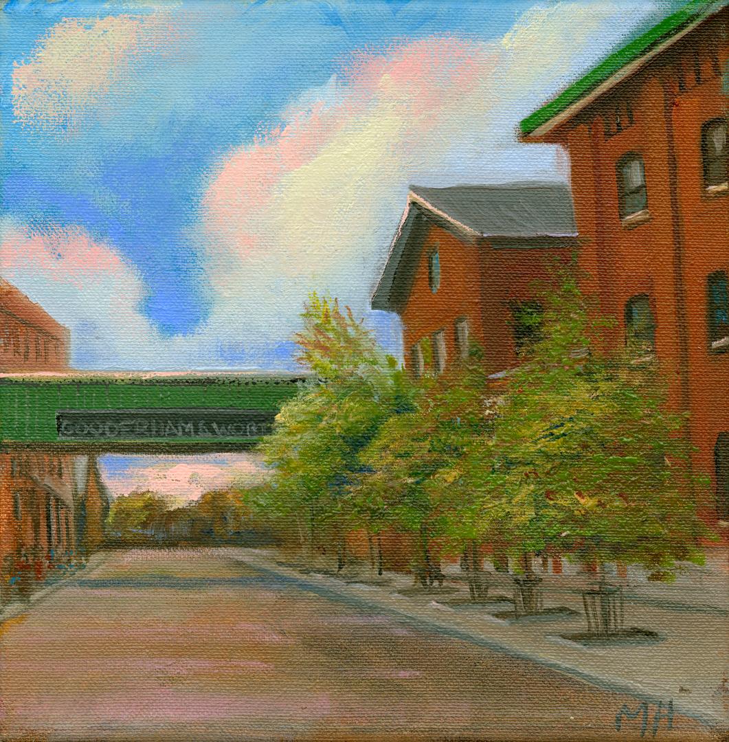 A painting of a distillery, with a road running through it and an enclosed bridge connecting bu…