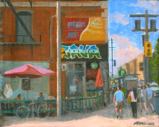 A painting of a restaurant named Java, with pedestrians walking by and two people sitting on a  ...