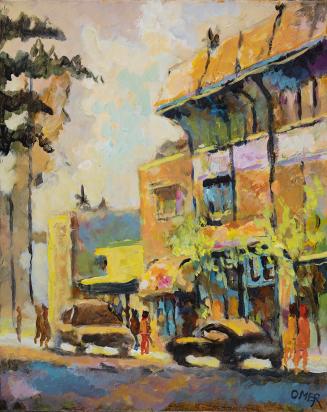 A painting of a street scene, depicting cars parked in front of a building and pedestrians walk ...