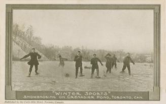 Seven people snowshoeing in a park. 