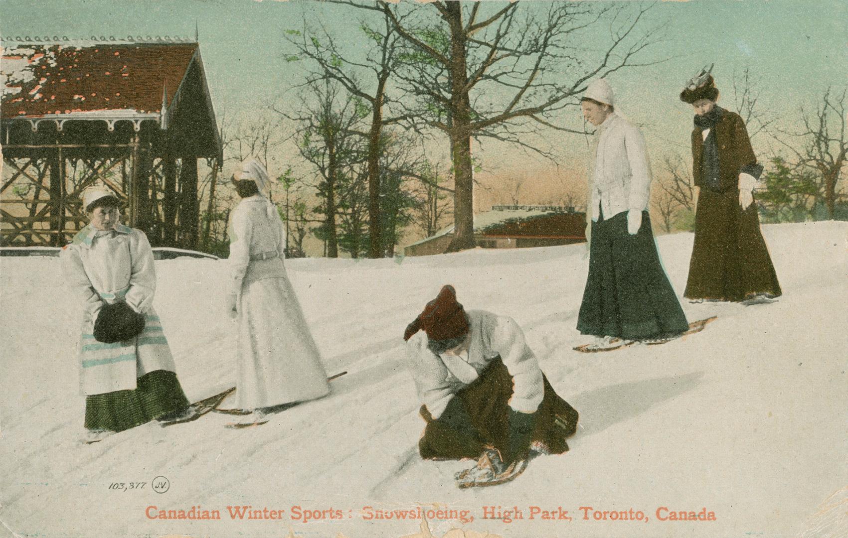 Five woman snowshoeing on a snow covered hill.
