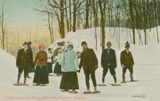 A group of people wearing snowshoes, standing in a snow covered park.