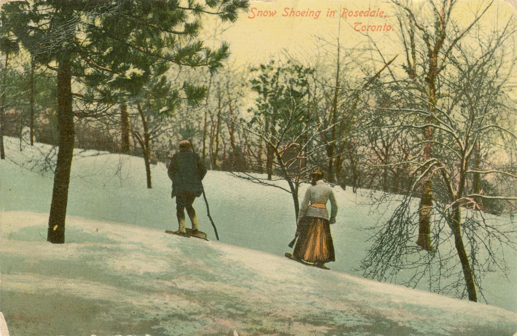 Two people snowshoeing in a park 