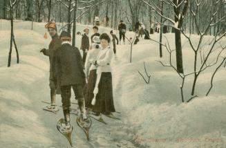 Colorized photograph of a group of people snowshoeing in a park.