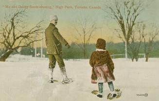 Colorized photograph of a man and child on snowshoes in a snowy park.