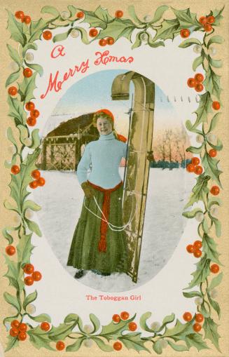 A border of holly surrounds an oval picture of a girl holding a toboggan. 
