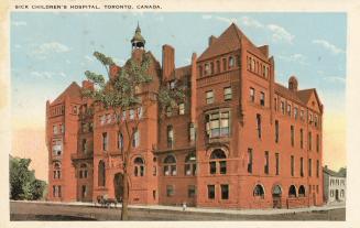 Colorized photograph of a large, Victorian hospital building.